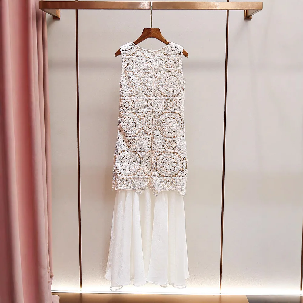 High-end feminino verão nova flor de gancho em camadas saia oco colete de malha dr fem faion commute sle meados de cintura