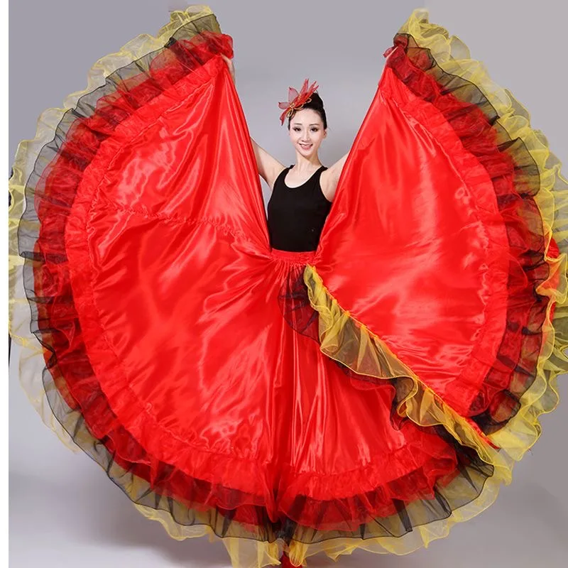 Jupe Flamenco espagnole pour femmes, lisse, grande balançoire, couture en dentelle, fête de carnaval, salle de bal, Costumes de danse du ventre gitane, 360 – 720