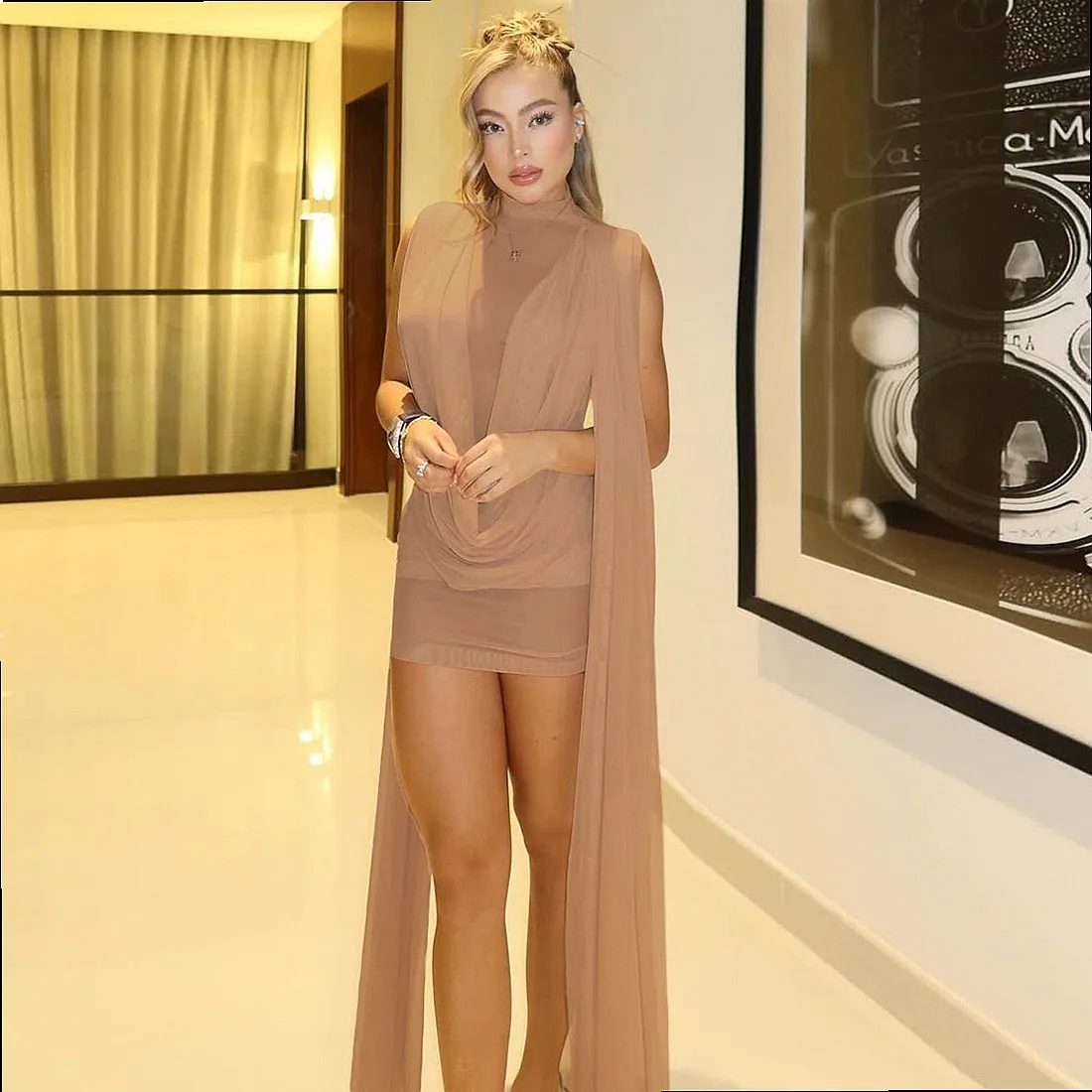 Sexy Mesh See-Through Bodycon Dress with Flowing Sash Pleated Sheer Evening Dresses Spring Summer Matching Set