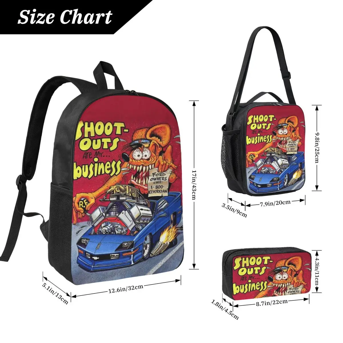 3Pcs Rat Fink Prints Backpack Set for Girls Boys Pencil Boxes Bookbag Sets with Lunch Box For School Students Daypack