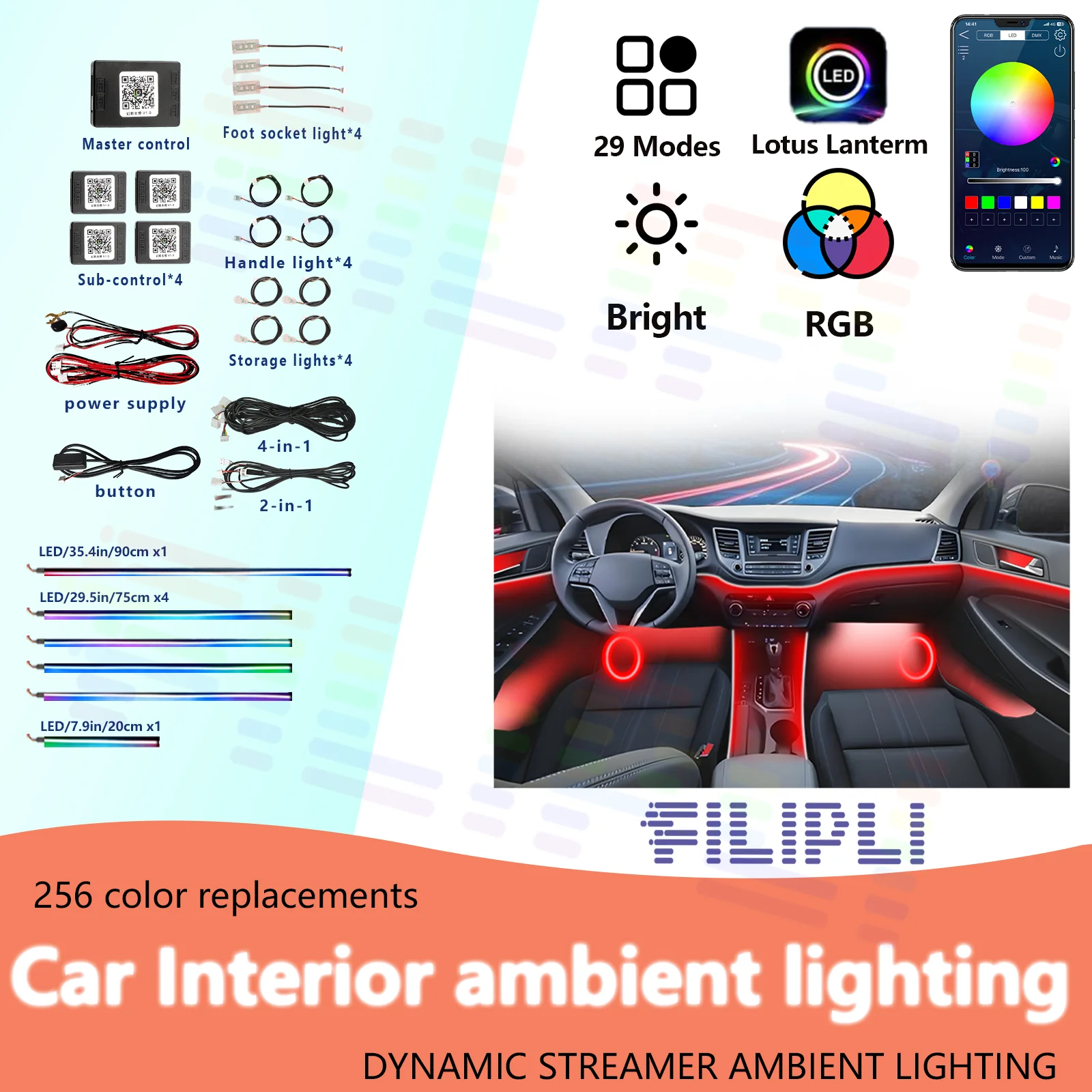

64 Color RGB Symphony Car Ambient Interior Light - Acrylic Guide LED Strip Light Decoration Atmosphere Lamp with APP Control