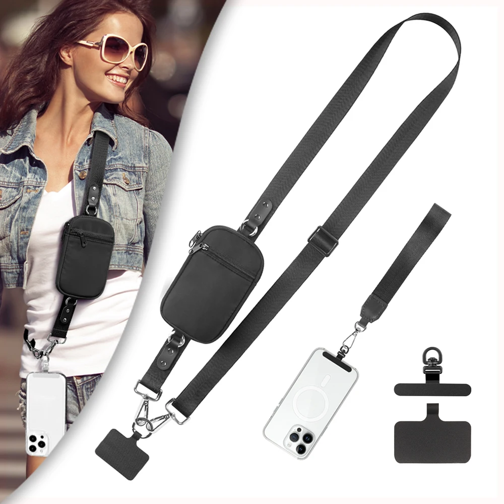 

Nylon Adjustable Phone Strap with Zippered Pouch Detachable Phone Lanyard Wrist Strap Fashion Crossbody PhoneLanyard with Wallet