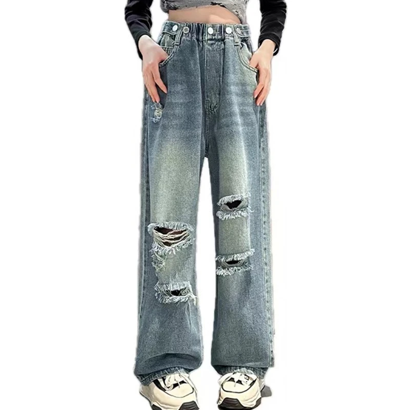 

Autumn Teenager Ripped Jeans for Girls Hole Pencil Denim Pants 5 6 8 10 12 14Years Student Children Casual Jeans Kids Trousers