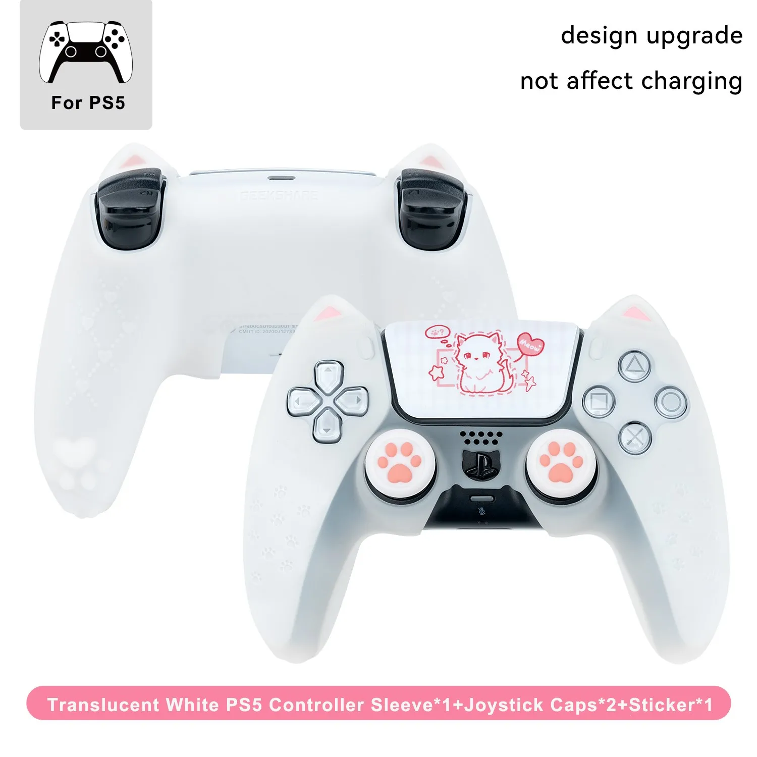 GeekShare PS5 컨트롤러용 보호 슬리브, 고양이 발 미끄럼 방지 실리콘 케이스 커버, 조이스틱 캡, 충전 베이스에 적합