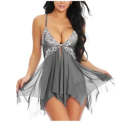 Women's Sexy Night Dress Erotic Lingerie Front Closure Transparent Lace Underwear 2024 Floral Sleepwear Sex Women Nightie