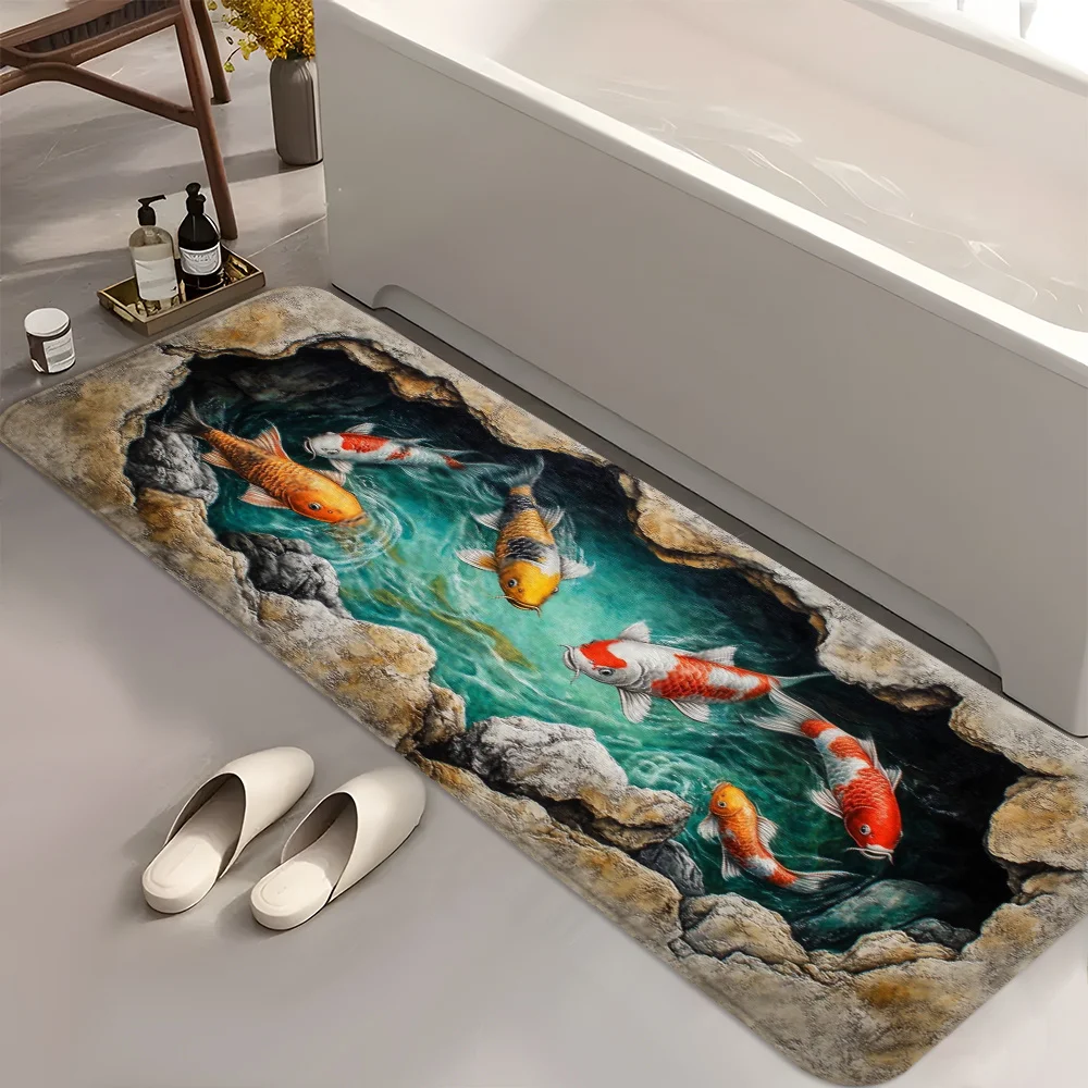Artistic Koi Fish Long Floor Mat, 3D Fish Pond Print Non-Slip Durable Runner Rug for Bathroom Hallway Laundry Room
