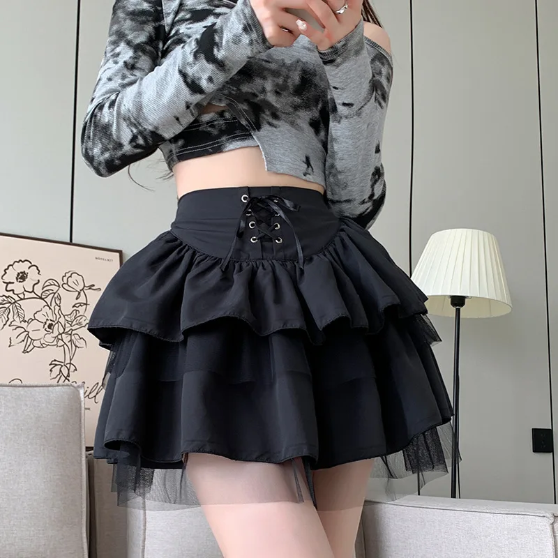 

Skirt Women's Spring and Autumn New Ballet Style Puffy Skirts High Waist Mesh Black Lace-up Japanese JK Harajuku Y2k Clothes