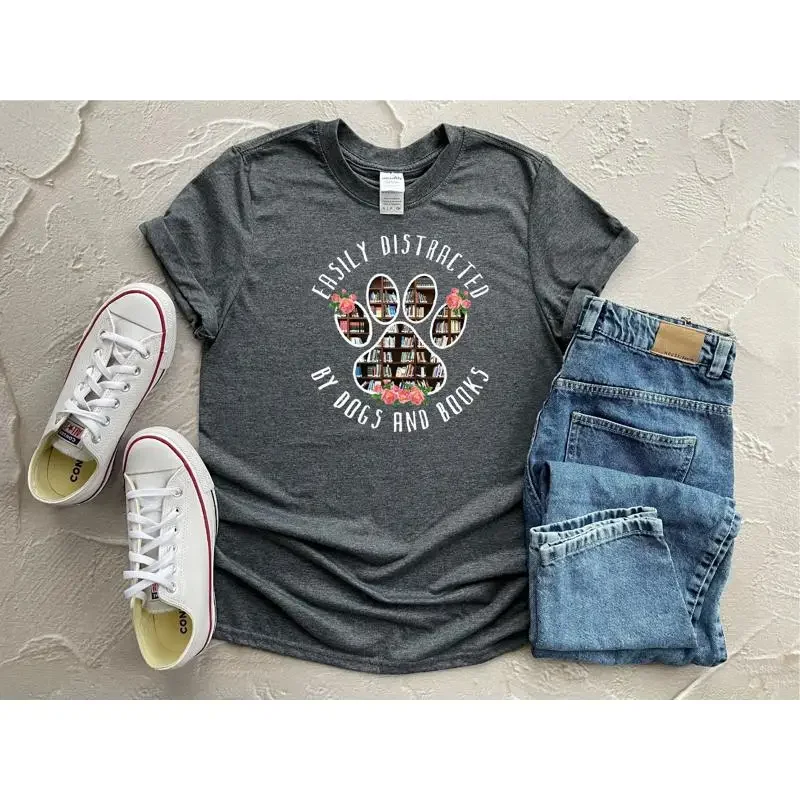 Easily Distracted By Dogs And Books T Shirt Dog For Friends
