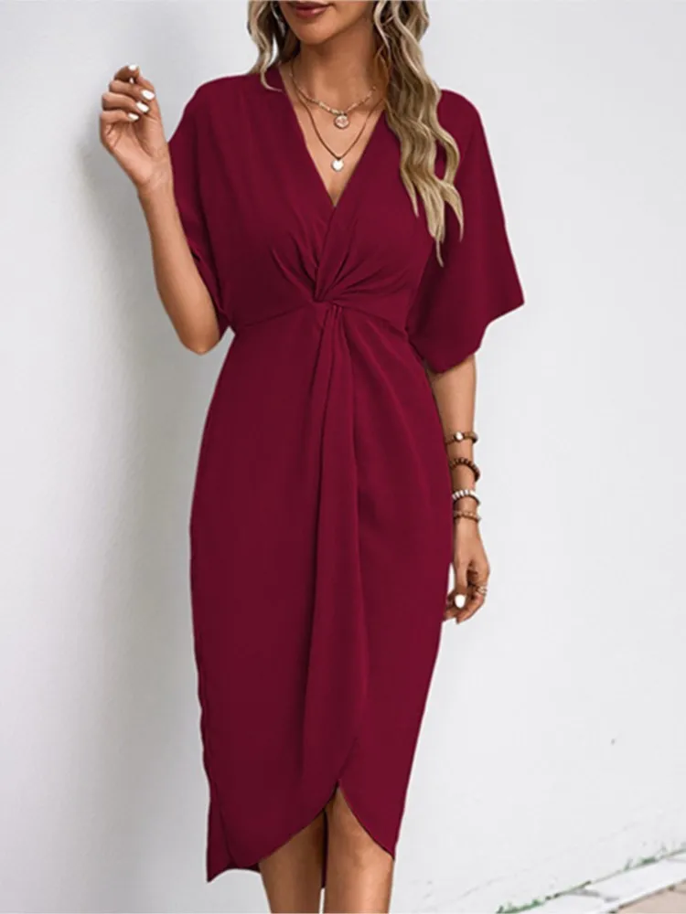 

Comfortable Casual Simple Style Shoulder Sleeve Solid Color Irregular Dress Women's V-neck High Waist Short-sleeved Dress