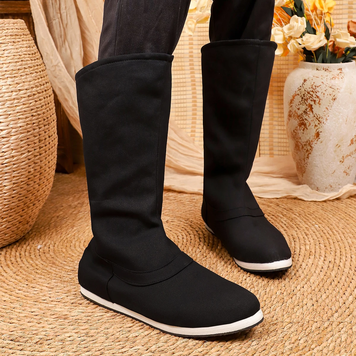 Botas Hanfu, Unisex, Suela de Mil Capas, Estilo Antiguo, Zapatos con Punta Elevada y Tacón Interno, Botas Retro a Media Pantorrilla