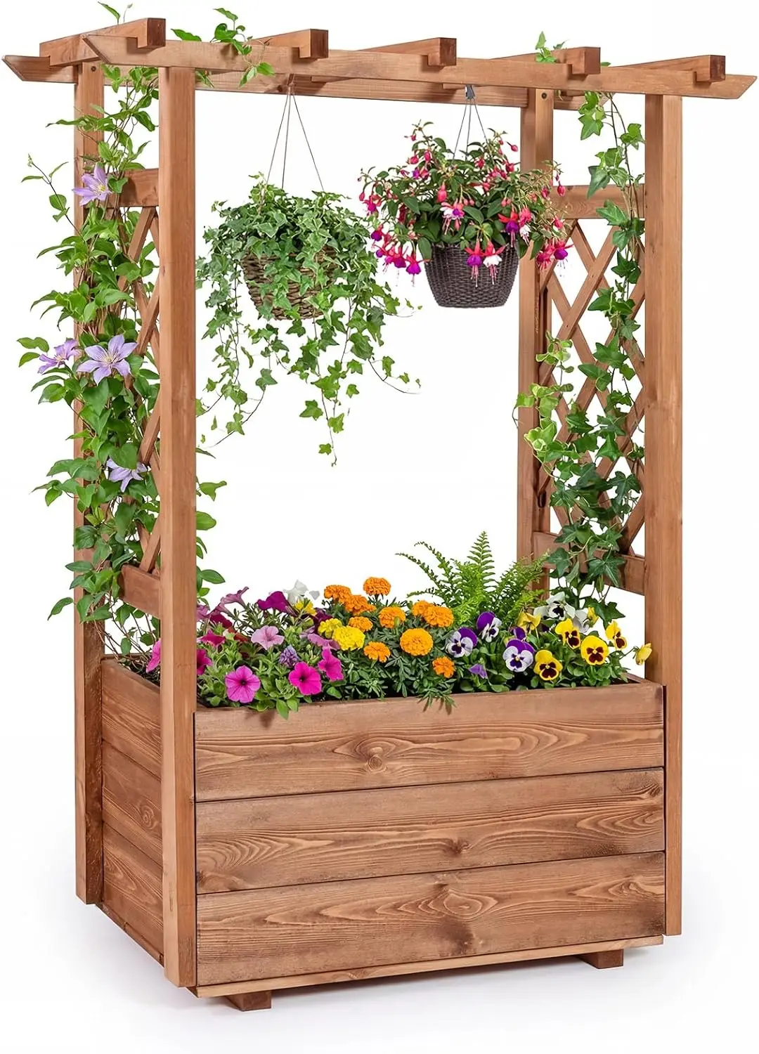 Raised Garden Bed with Sided Trellis & Roof, 31”x16”x41” Wood Elevated Planter Box, Freestanding Garden Planter Raised Bed for Flowers Herbs Climbing Vines,Brown,1