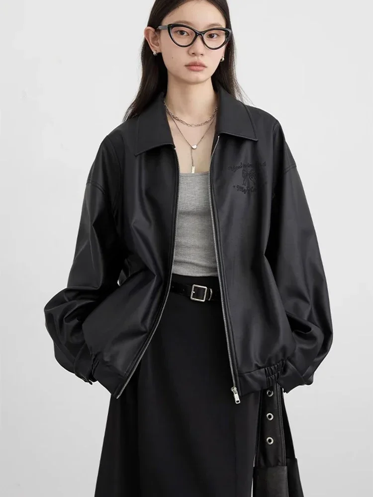 CHIC VEN Women Jacket Black Loose BF Style Embroidered PU Leather Female Overcoat Oversized Coat For Girl Spring Autumn 2024