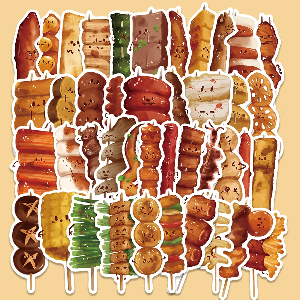 

50pcs Cartoon Yummy Food Stickers BBQ Kebab Sticker for Guitar Diary Phone Case Stationery Scrapbook Waterproof DIY Decoration