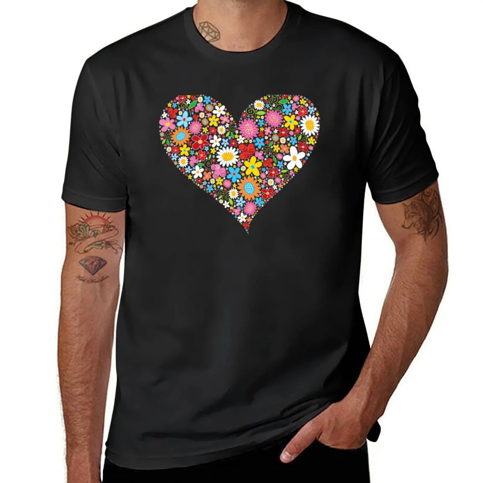 

Whimsical Spring Flowers Red Valentine Heart  fatfatin T-Shirt summer clothes anime plain for a boy mens cotton t shirts