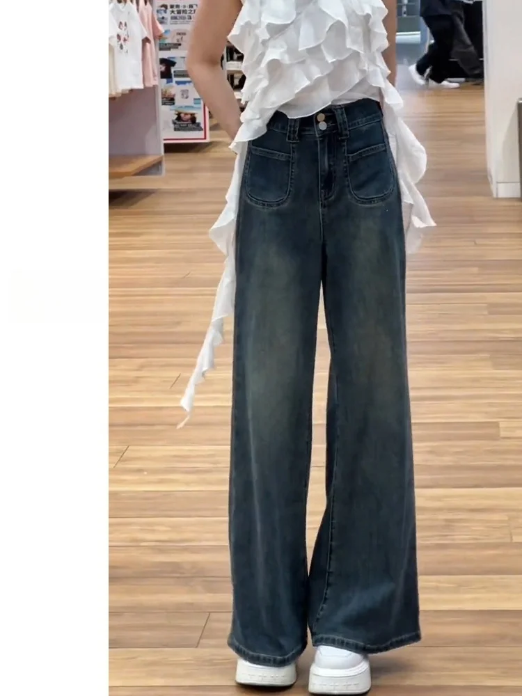 

Джинсы женские больших размеров в американском ретро-стиле, расклешенные, осенне-зимние, с высокой талией, свободные, прямые, стройнящие, широкие брюки