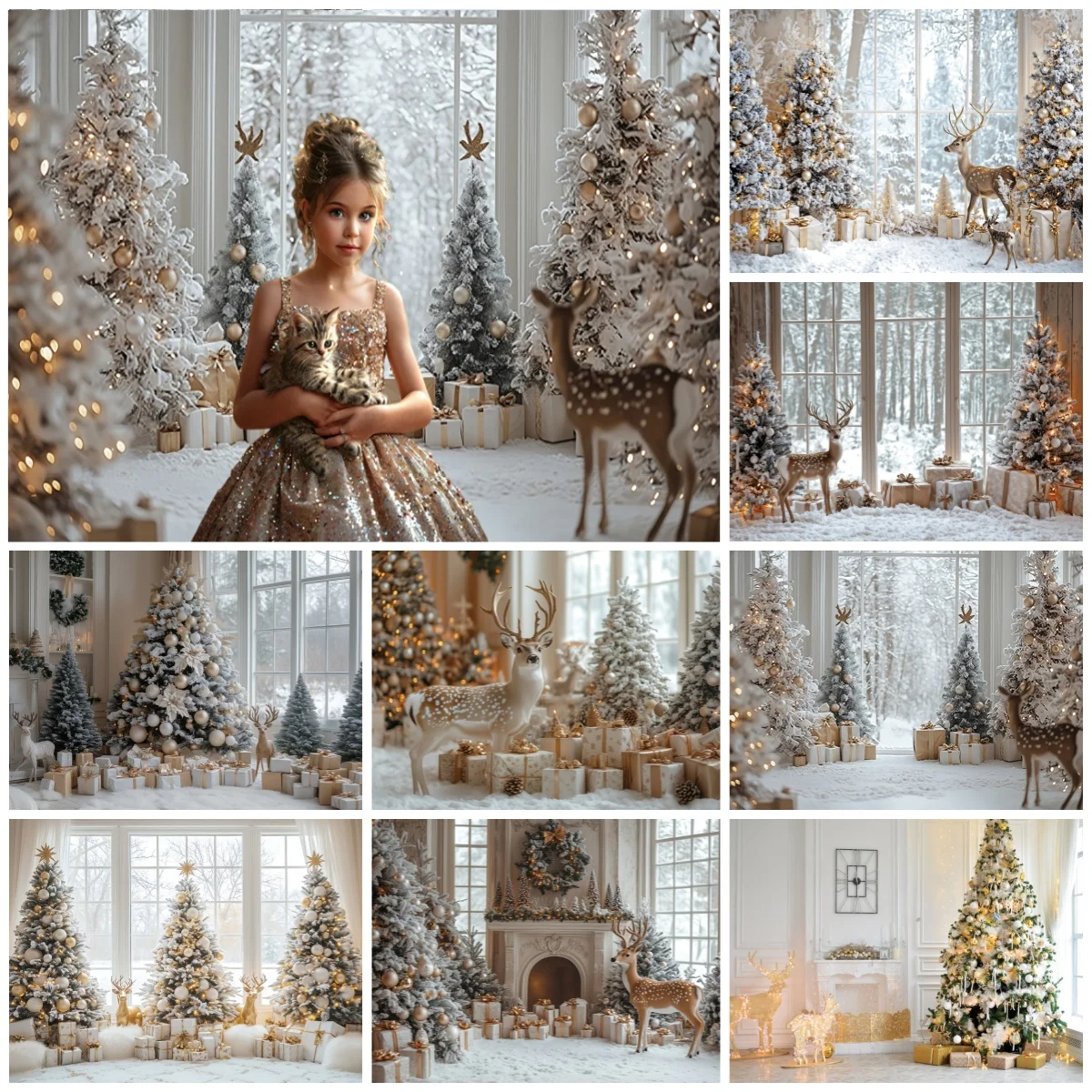 

Winter Christmas Photography Backdrop Snowflakes Gold White Gifts Deer Happy Christmas Party Decor Backgrounds For Photographs