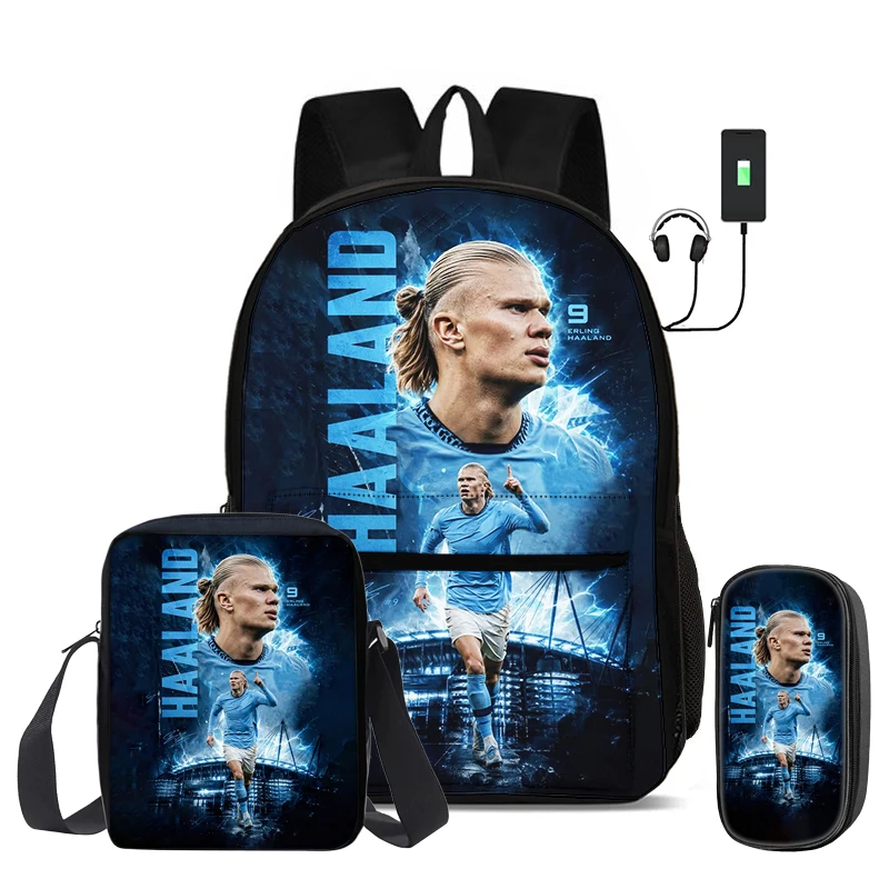 Haaland 3 Pcs Set School Bags Backpack with USB interface Football Star with Shoulder Bag Sports Pencil Bag Kids Rucksack