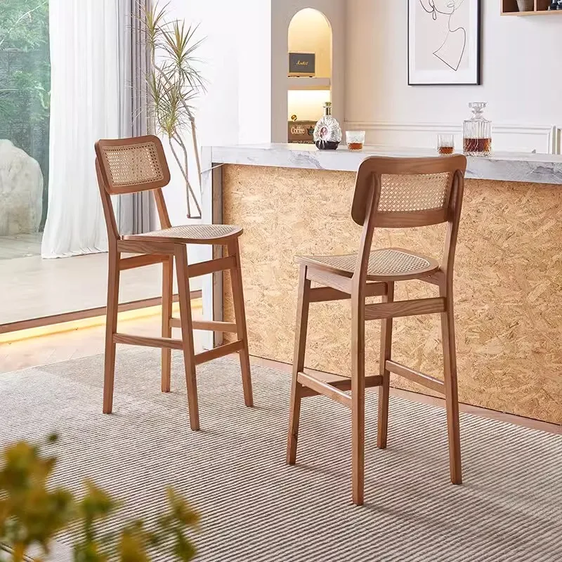 Nordic bar stool modern minimalist home Japanese rattan bar stool backrest ins style café bar stool