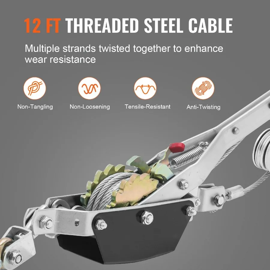 تعال على طول ونش 2 طن 4 409 رطل سعة السحب 12 قدم كابل فولاذي 2 خطاف أداة سحب قوة السقاطة الثقيلة مع ترس مزدوج