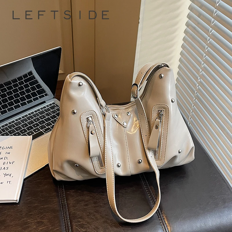 

LEFTSIDE Women's Leather Shoulder Bag Stud Retro Casual Aesthetic Daily Office Shopping Crossbody Bag 2026 Trend Hobo Handbags