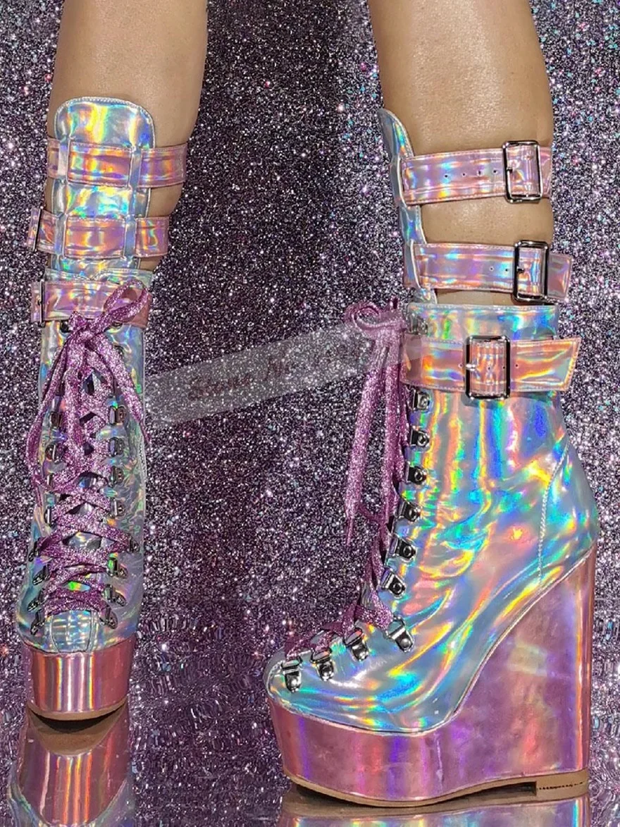 

Hologram Iridescent Pink Patent Leather Wedge Ankle Boots Reflective Shiny Platform Booties Buckle Strap Lace-Up Dress Shoes