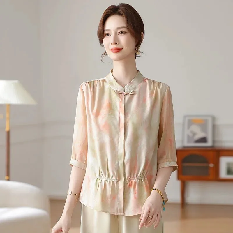 

Women's Chinese Style Stand Collar Blouse Half Sleeve Tie-Dye Pattern Frog Button Elegant Top for Daily