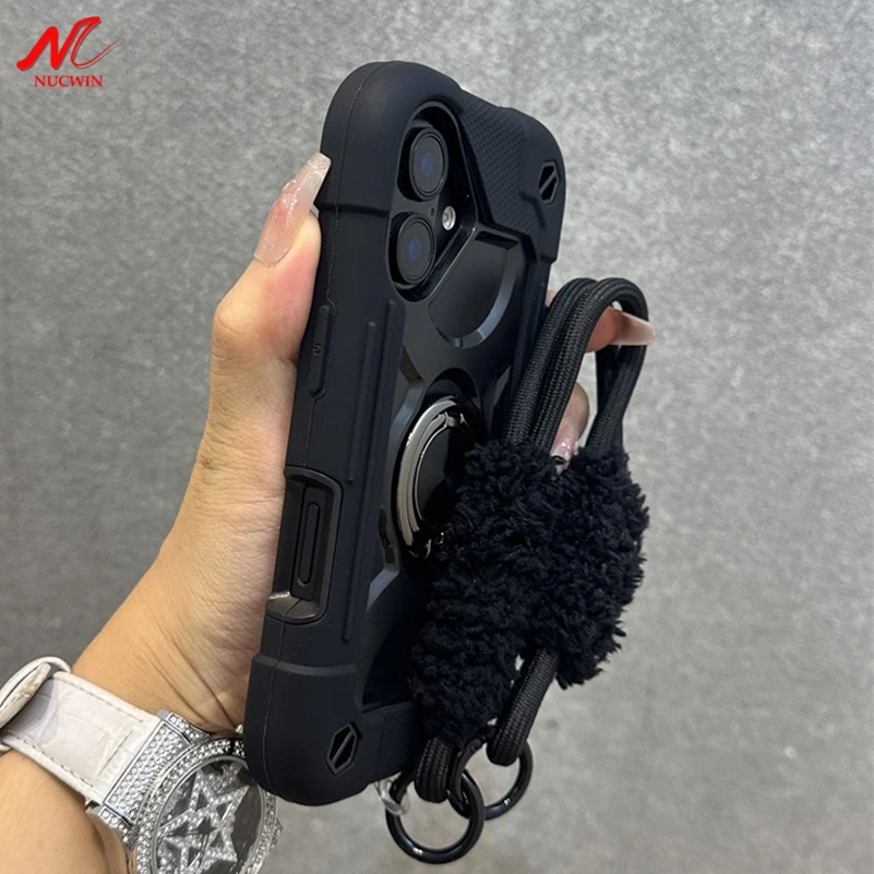 Funda resistente con soporte de anillo 3 en 1 para iPhone 16, 15, 14, 13, 12, 11 Pro Max Plus X Xs Xr, cubierta de cadena con cordón antigolpes a prueba de golpes