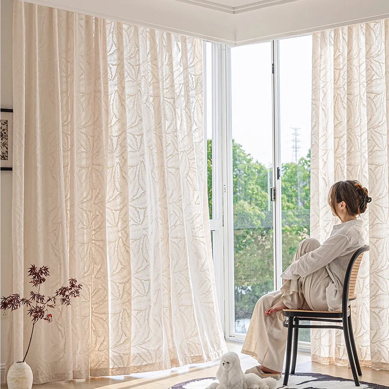 

American Leaves Translucent and Opaque Flocking Tulle Curtain and Light Brown Polyester Cloth Curtain For Living Room Bedroom