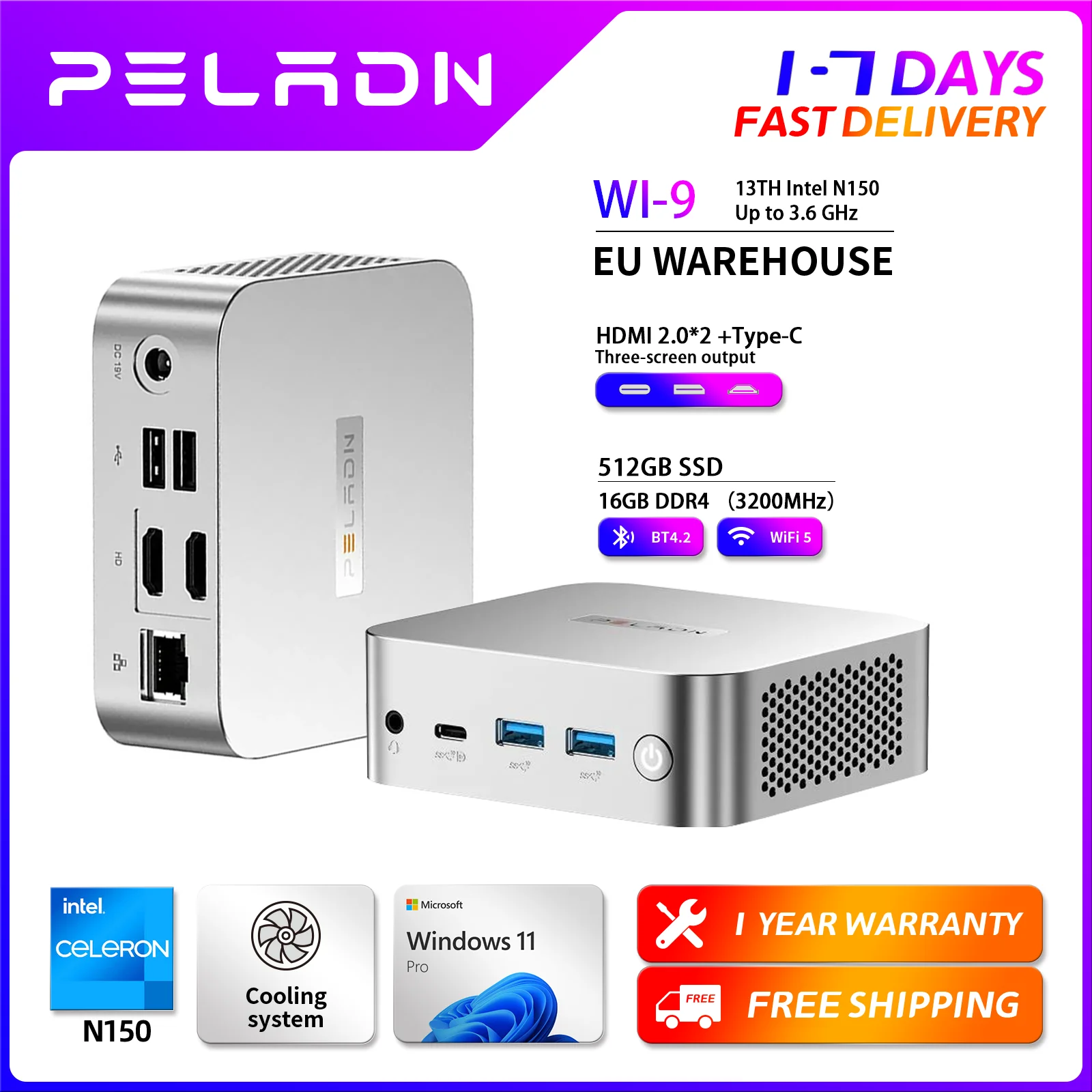 2025 Neuer PELADN WI-9 Mini-PC (Ultra-kompakte Größe) Twin Lake N150 Mini-Computer 16 GB DDR4 512 GB Dual SSD Typ-C Dual HDMI RJ45 LAN WiFi5 Bluetooth 4.2 4K Triple Display Tragbarer PC Windows 11