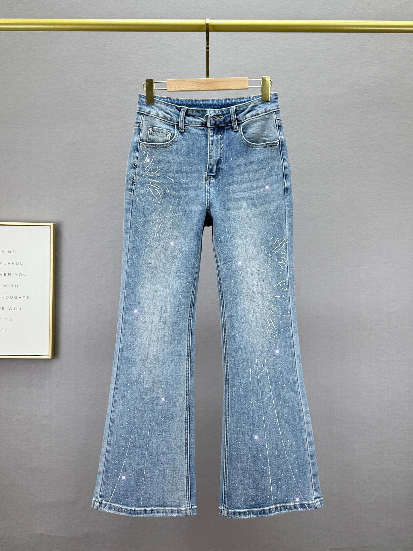 

High Waist Slim Fit Denim Jeans Women's Spring New Sle Elastic Floor Length Diamond Embellied Hong Kong Sle Wide Leg Pants