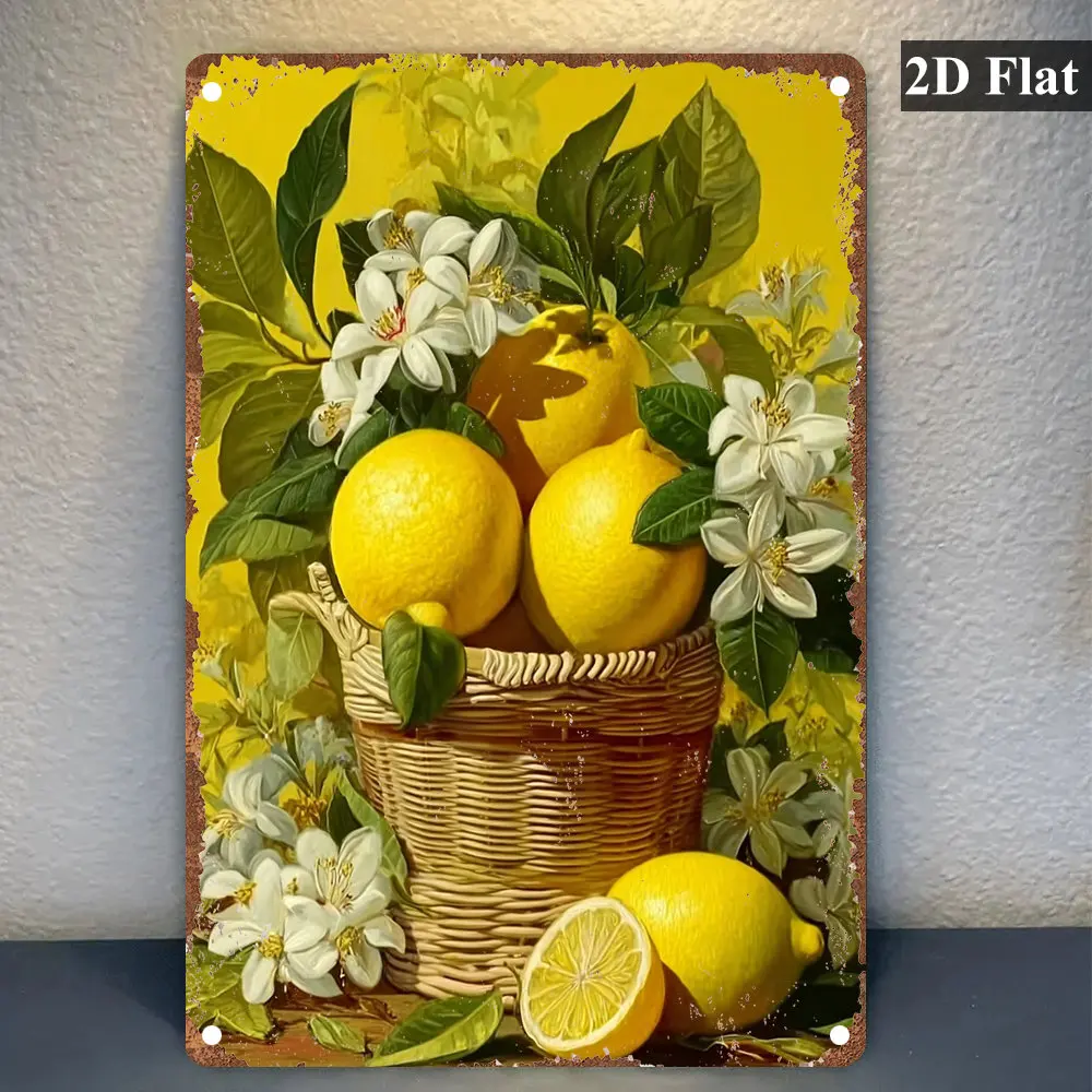 2D Flat, 1pc Vintage-Style 2D Flat  Sign - Iron, Lemons And White Flowers 3D Painting Of Lemons In A Basket