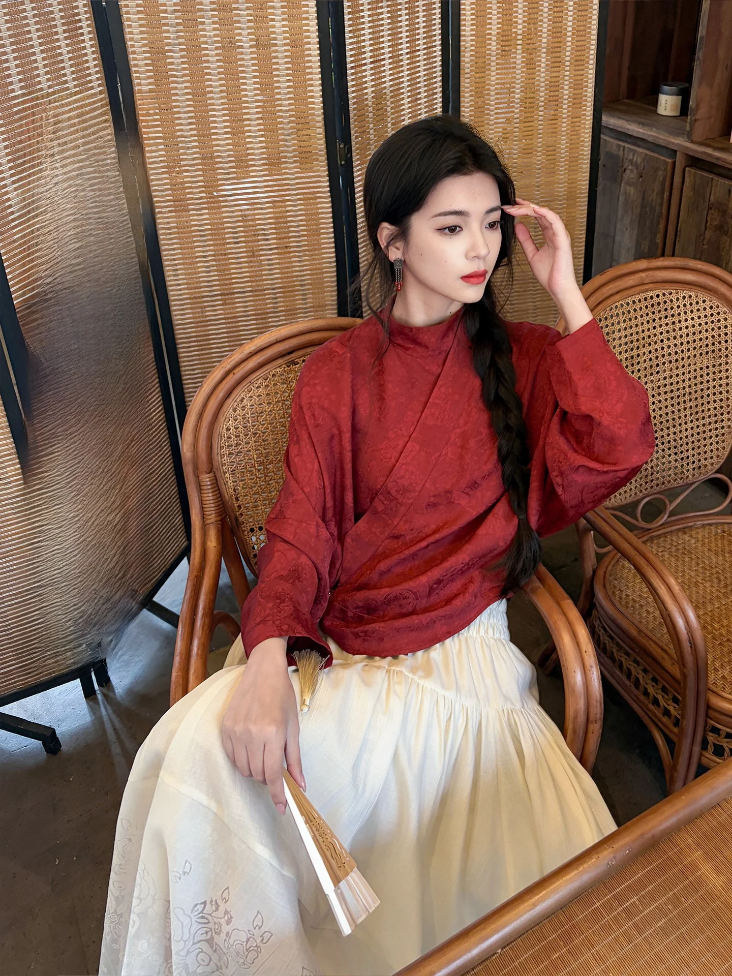 

Anytime Slimming Silk Shirt Waist Pleated Design Zhu Zhan Color Versatile Styles Chinese New Style Long Sleeve Women's Blouse