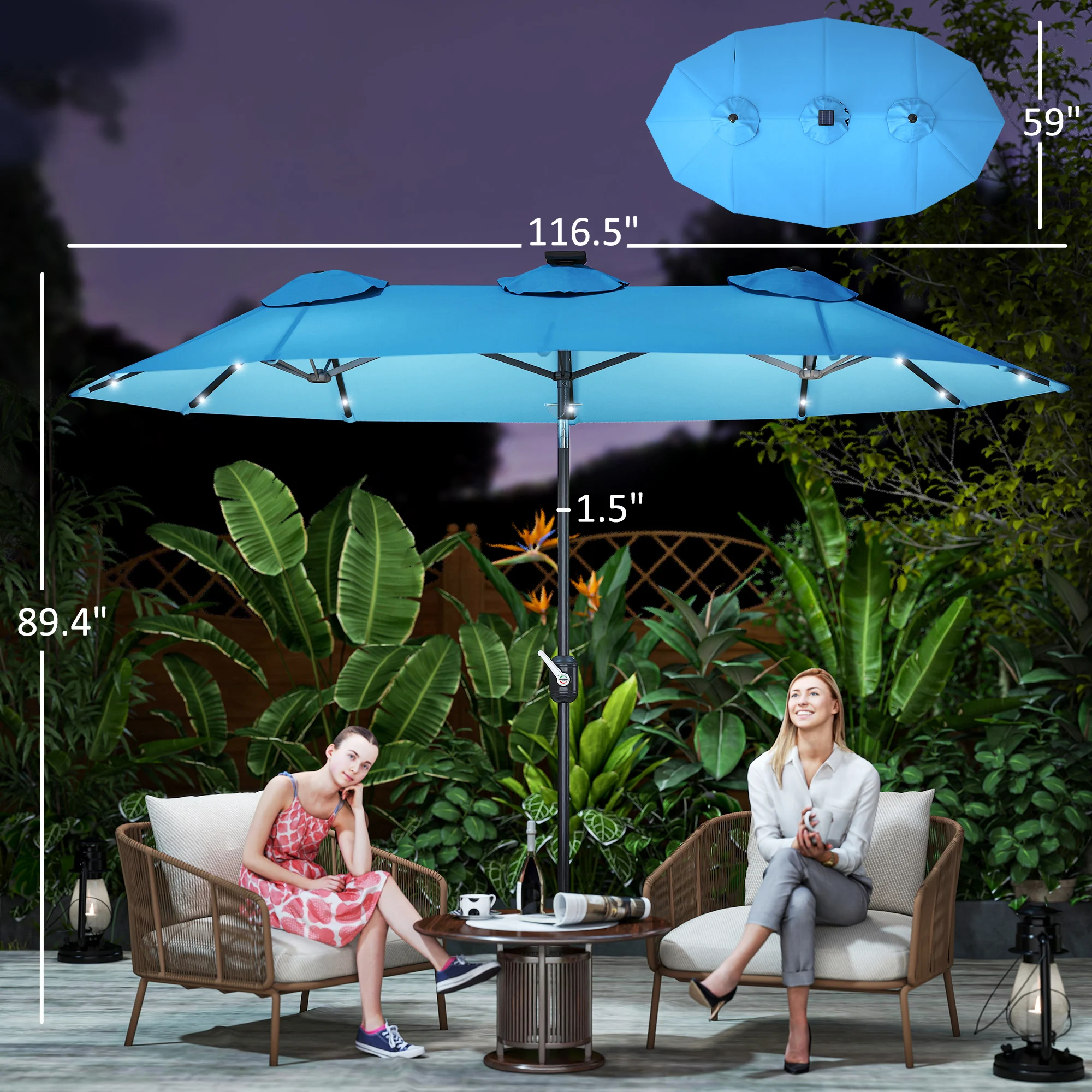 9.7' Double-sided Patio Umbrella with LED Solar Light, Tilt, Light Blue