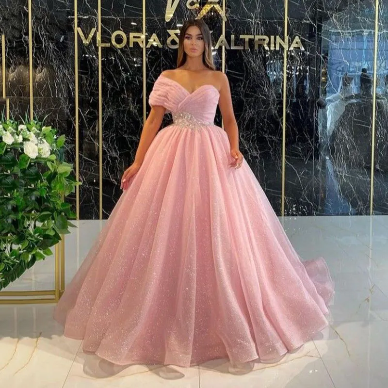 Vestidos de Noche de tul con purpurina rosa para mujer, traje de sirena con un hombro, cuentas de encaje, fruncido, Dubái, princesa Formal, fiesta de graduación, 2024