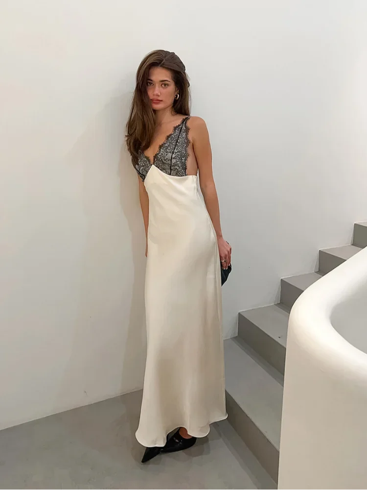 

Женское кружевное платье макси с пэчворком, сексуальное, с глубоким V-образным вырезом, без рукавов, с завышенной талией, из атласа, размеры 20-26, шикарное вечернее платье для вечеринок