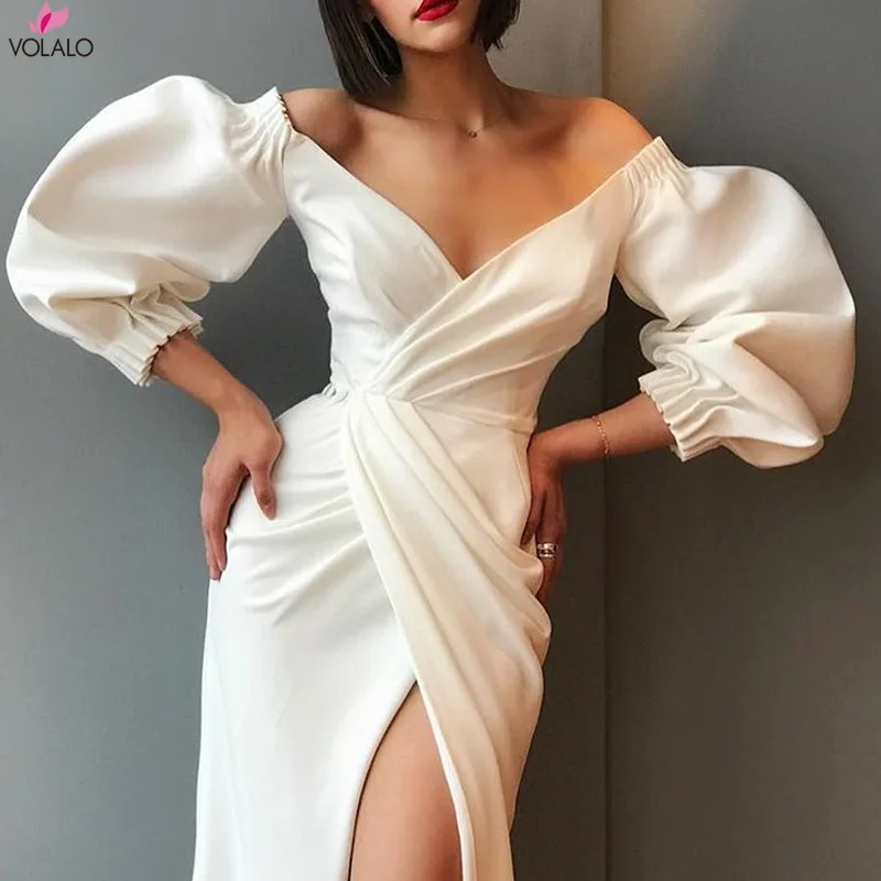 

VOLALO Sexy V-Neck Slit White Dress Autumn Elegant Lantern Sleeve High Waist Night Club Party Formal Dresses For Women 2024