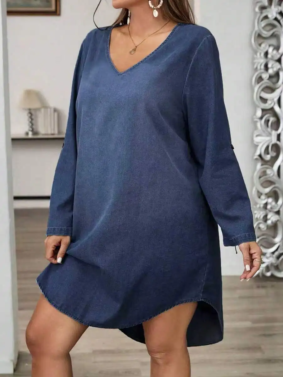 

Plus Size Denim Dress With V-Neck Long Sleeve Asymmetrical Hem Casual Women Dress