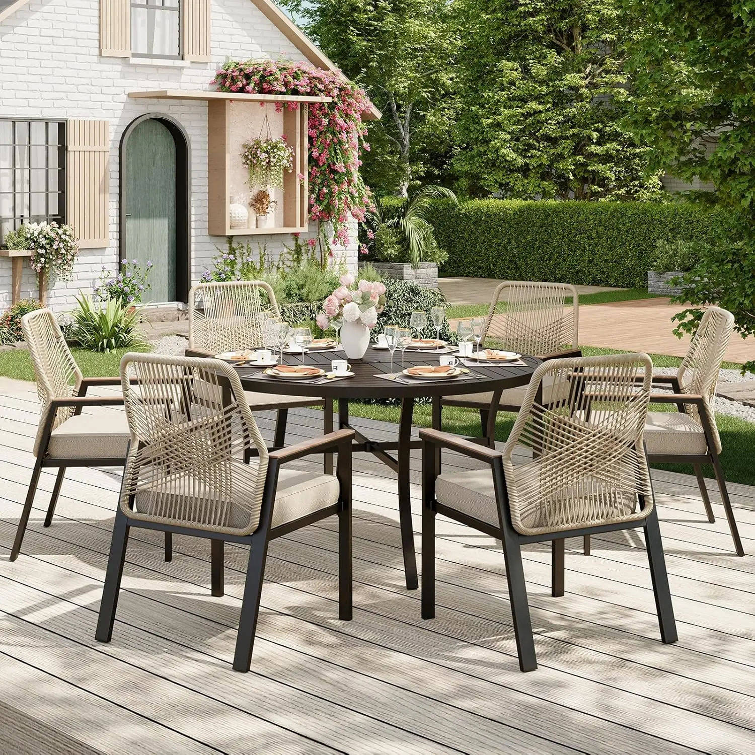 

7 Pieces Round Outdoor Dining Set for 6, Patio Dining Set Wicker Rattan Chairs with Soft Cushion and 54" Round, Customized