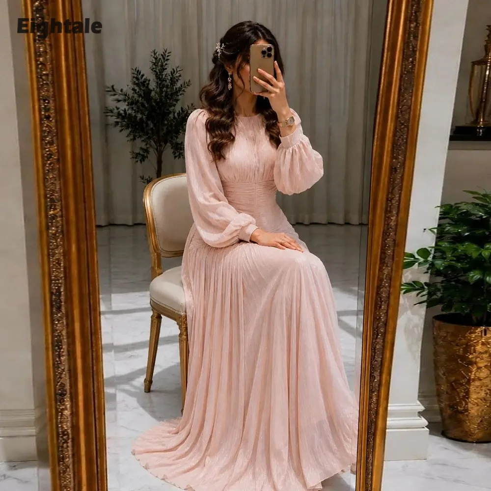 Eightale Arabic Evening Dress O-Neck Crepe Long Sleeves A-Line Floor Length Customized Dusty Pink Pleats Prom Wedding Party Gown