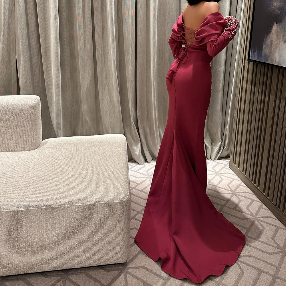 تخصيص رشيقة جيرسي مستقيم قبالة أزرار الكتف و كريستال مساء فستان طويل الأكمام لوحة قطار الأحمر Pr #3