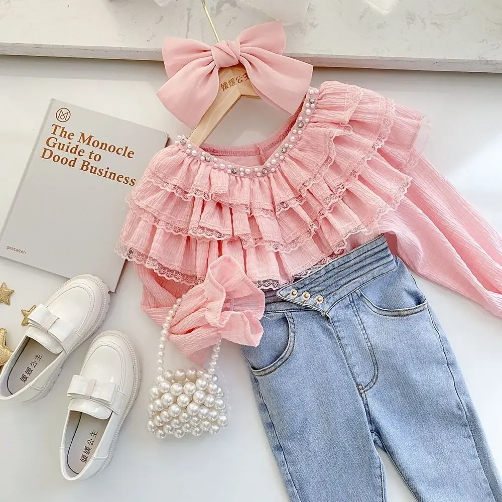 

Baby Girls Fall Fashion Teenage Pink White Blouse , Princess Kids Sweet Lace Ruffles Long Sleeve Top 6-12T