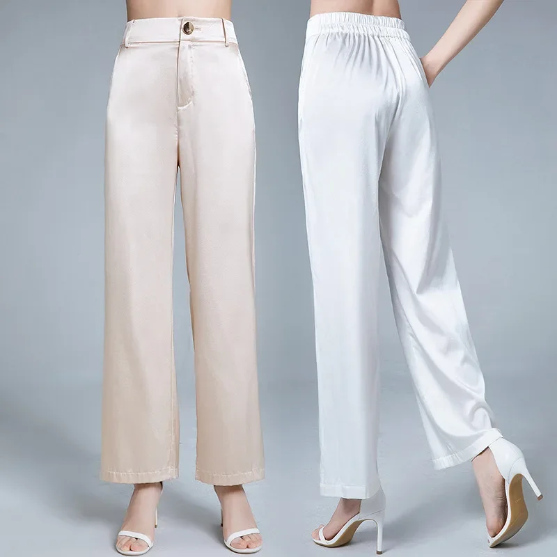 

Solid Color Women's Loose Straight Pants 2024 Summer New Real Mulberry Silk Wide-leg Pants Women Korean Fashion Trousers Zm2787