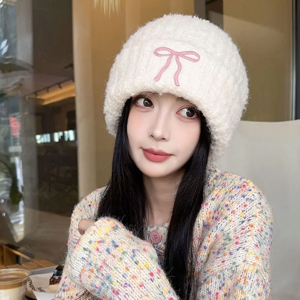 Casual Solid Color Bow Knitted Hat Wool Hat Korean Crochet Basin Cap Warm Cap Jennie Style Knit Beanie Apparel Accessories