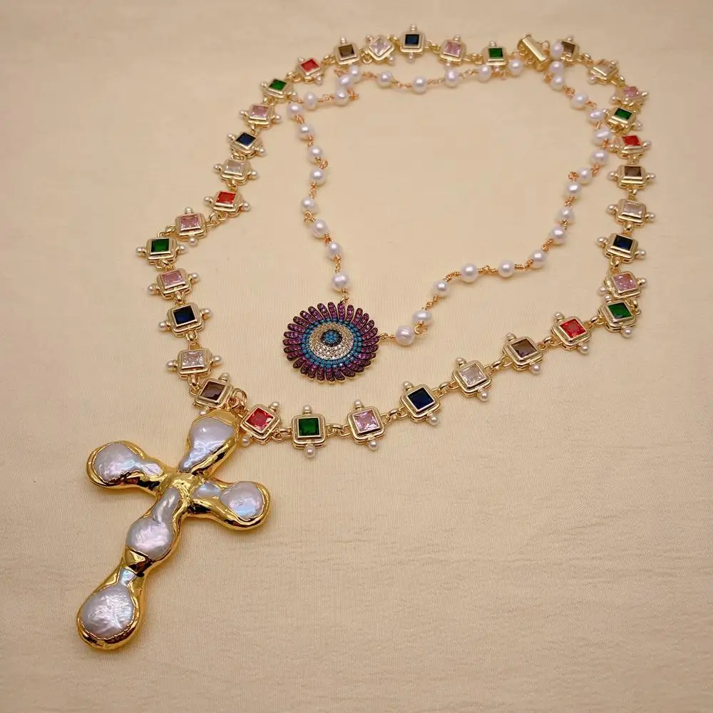 Y·YING  White Pearl Cubic Zirconia Chain Necklace Charm Coin Pearl Crucifix Pendant