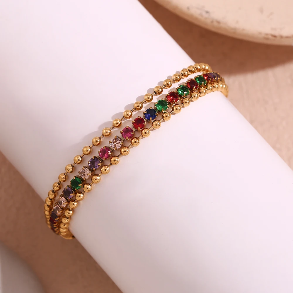 MamacitaSlay Luxury Three Layer Colorful Rhinestone Stainless Steel  Beads Bracelets Woman 2024 18K Gold Plated Daily Jewelry