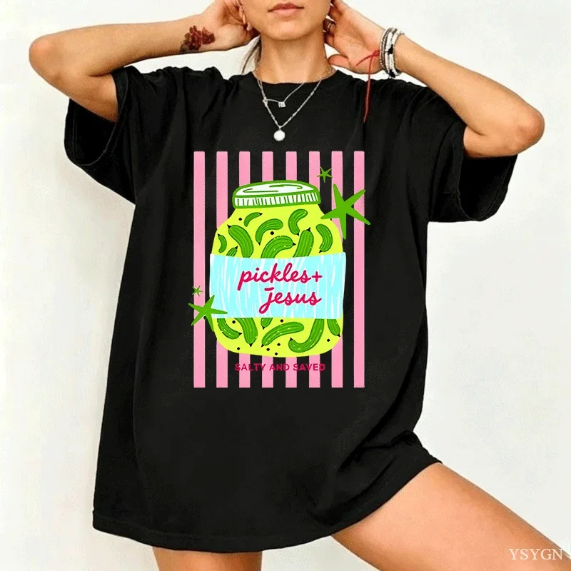 Pickles and Jesus Graphic Print T-Shirt Women Causal Salty and Saved Christian Tee Faith and Pickle Lover Tshirts Religious