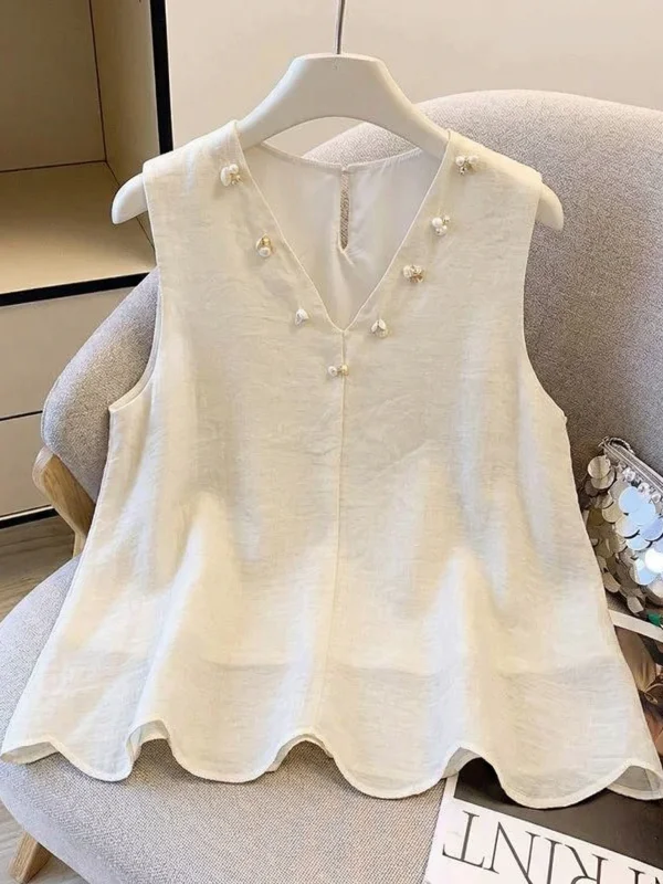 

Elegant Beaded V-Neck Sleeveless Vest Top Women's Summer New plus Size Outerwear Korean Style Commute Wind Loose Fit Shirt