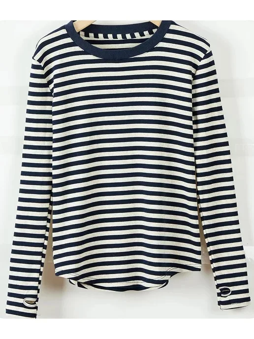 

Футболка женская с длинным рукавом, Простой Топ контрастных цветов в полоску, Свободный Повседневный тонкий свитер с круглым вырезом