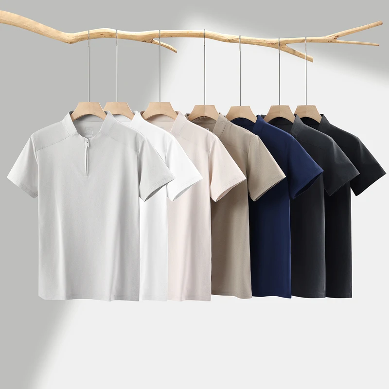 Summer Unisex set Short Sleeve T -Shirt Half Zipper Casual Mesh Beach Breathable Pullover Lightwear Loose Comfortable T-Shirts