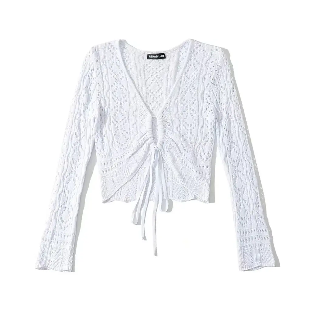

Women's V-neck Hollow Long Sleeve Sweater Top Sexy Navel Exposure European American INS Hot Girl Crocheted Sun Protection Shirt